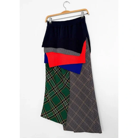 Enföld Japanese Layered Patchwork Asymmetric Plaid Solid Skirt - Picture 7 of 8